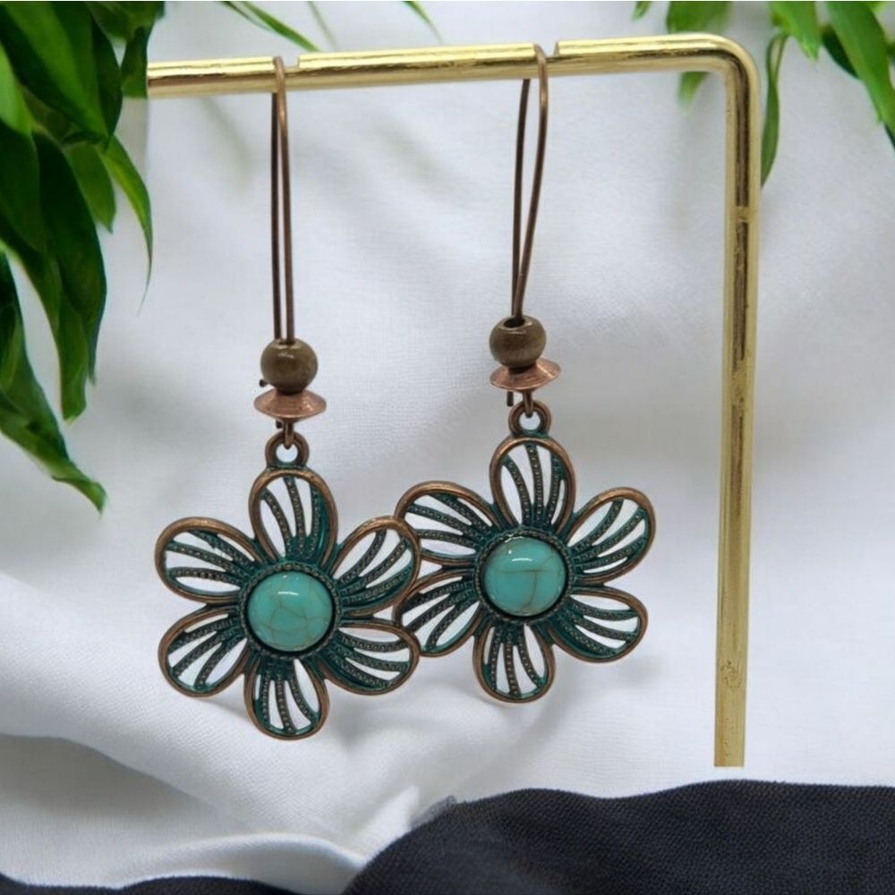 Flower Turquoise Bronze Patina Dangle Drop Earrings Boho Western Beaded Jewelry